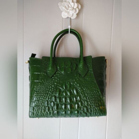 Green Croc Embossed Leather Satchel Shoulder Statement Bag. Quiet Luxury. - Picture 2 of 11